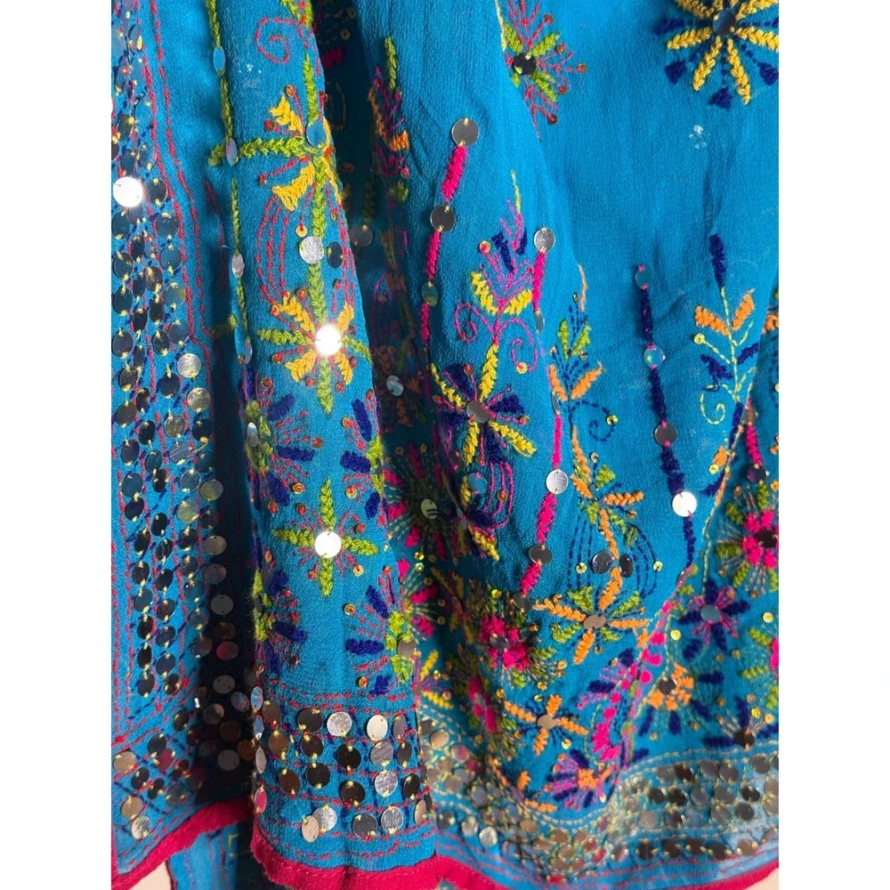 Raji Handmade India Silk Embroidered Mirror Work Shawl Wrap Boho 34x80